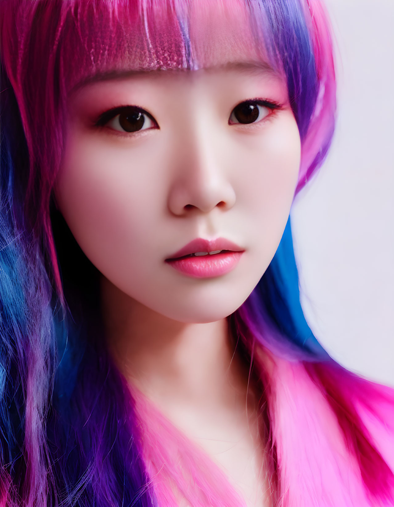 Vibrant multicolored hair portrait with pink, purple, and blue hues