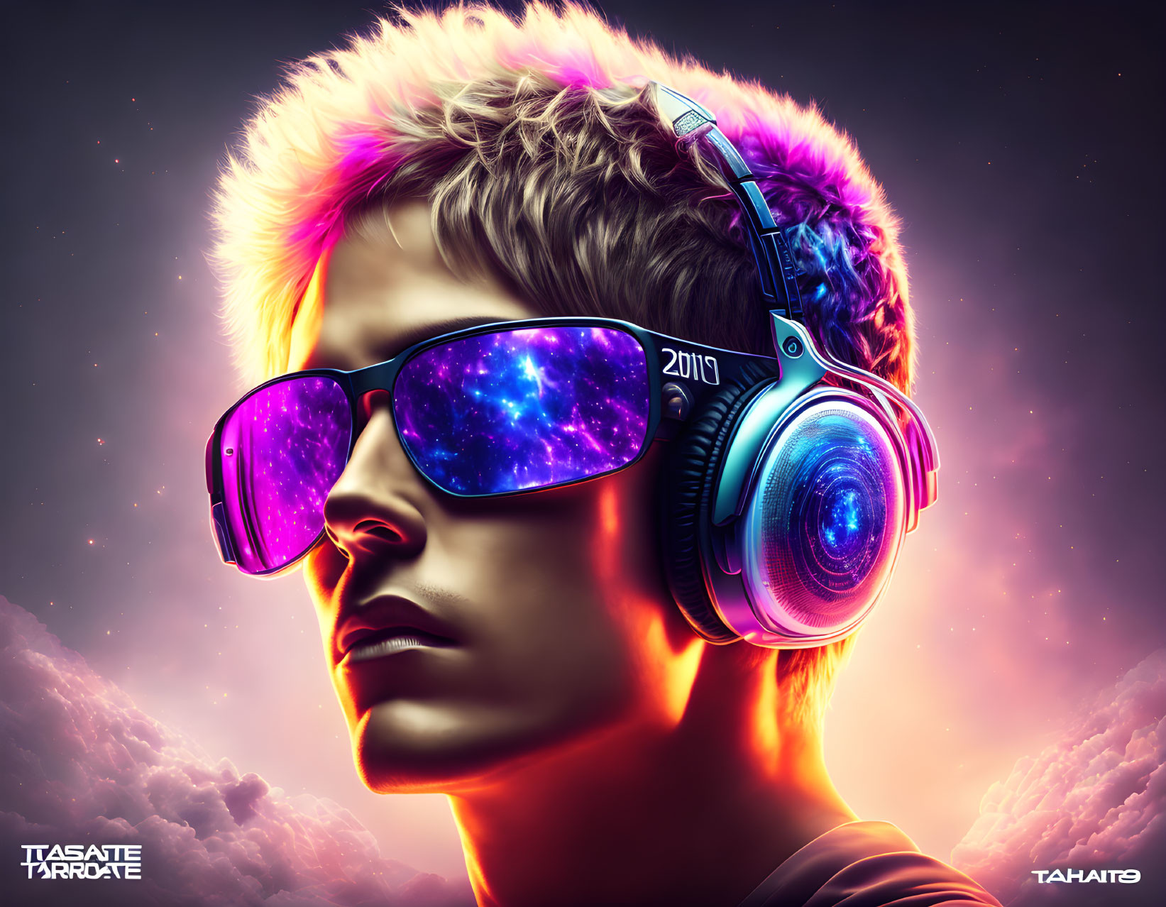 Colorful digital artwork of person with neon headphones and galaxy reflection.