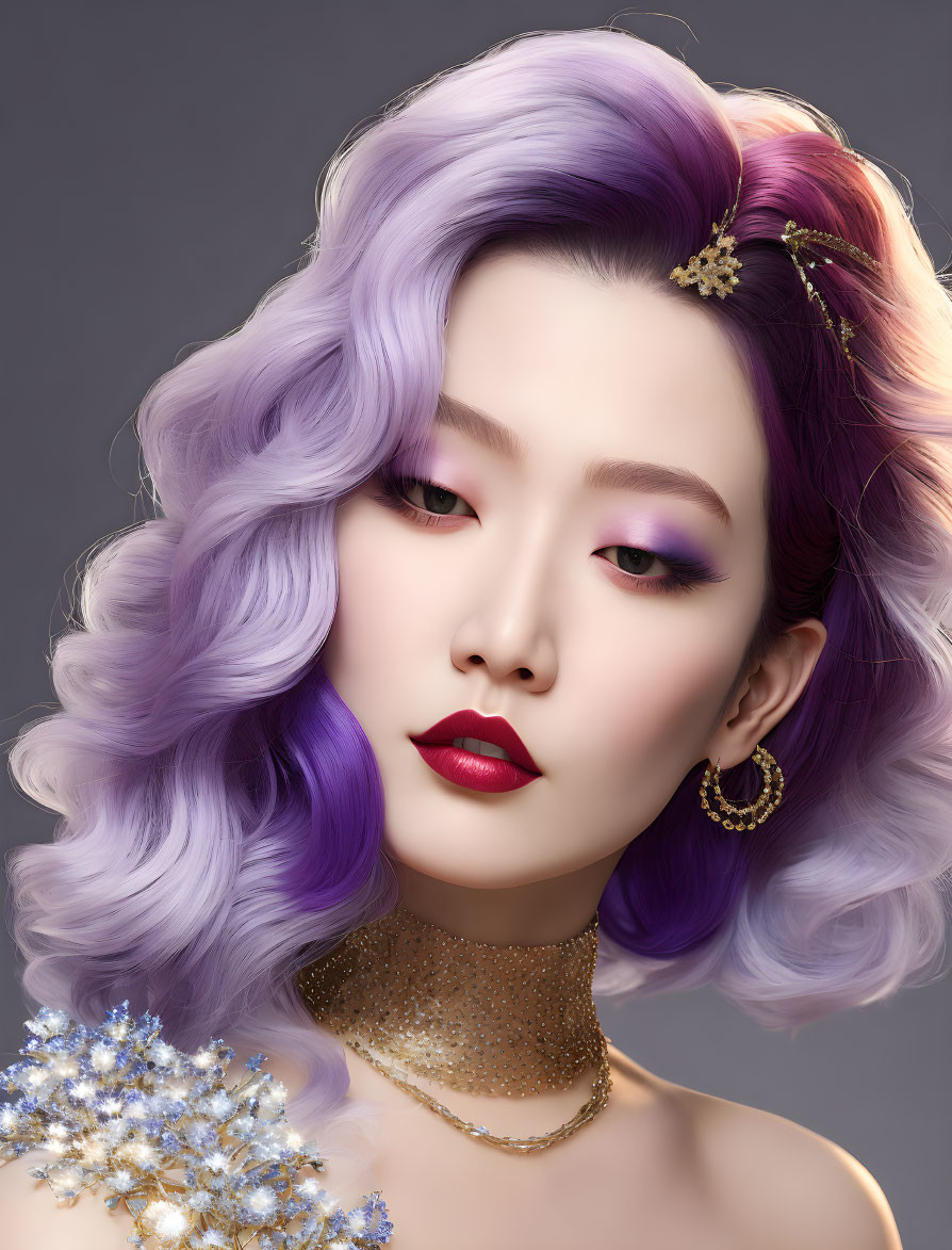Digital portrait of woman with wavy purple hair, elegant makeup, gold jewelry, and floral adornment