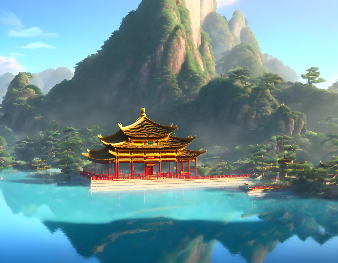 Golden-roofed temple by serene lake with lush mountains and clear sky