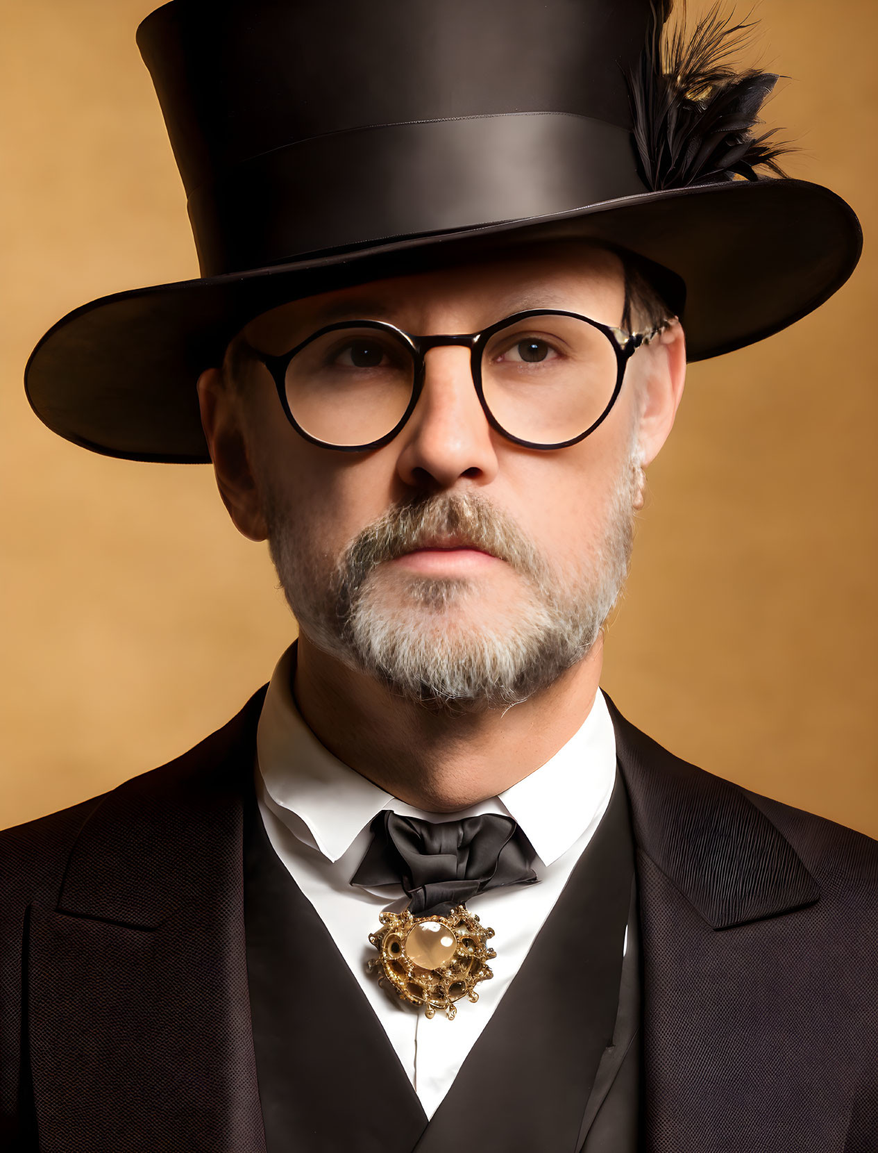 Man with Mustache, Round Glasses, Top Hat, Bow Tie, and Brooch on Tan Background
