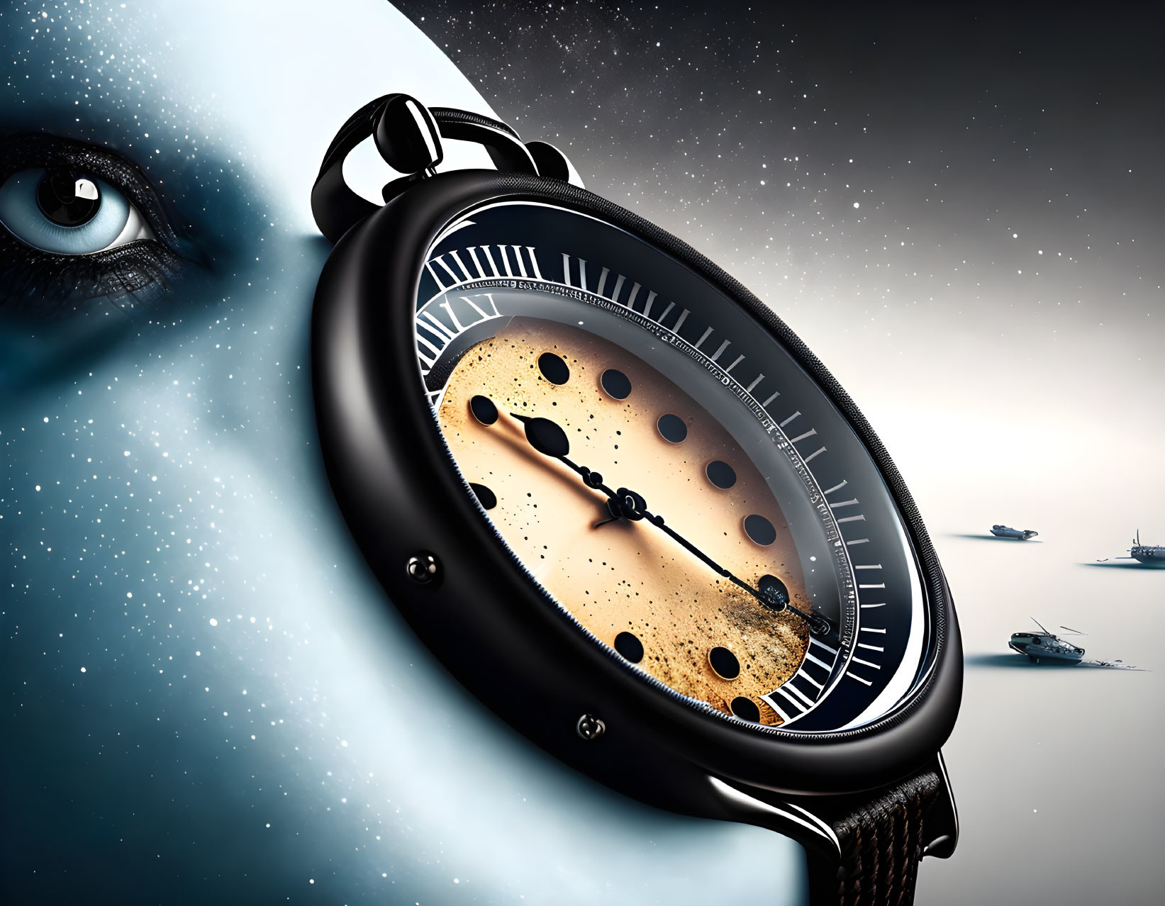 Surreal image of giant wristwatch and human eye in space with moon-like watch face and tiny