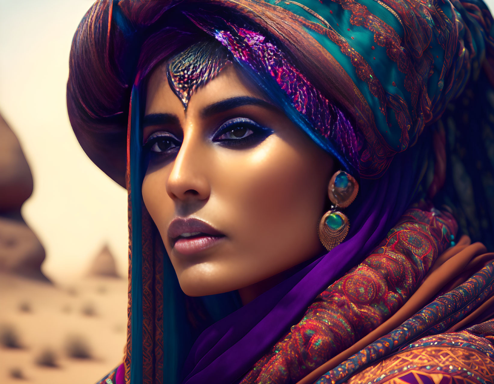 Colorful headscarves woman with striking makeup in desert setting