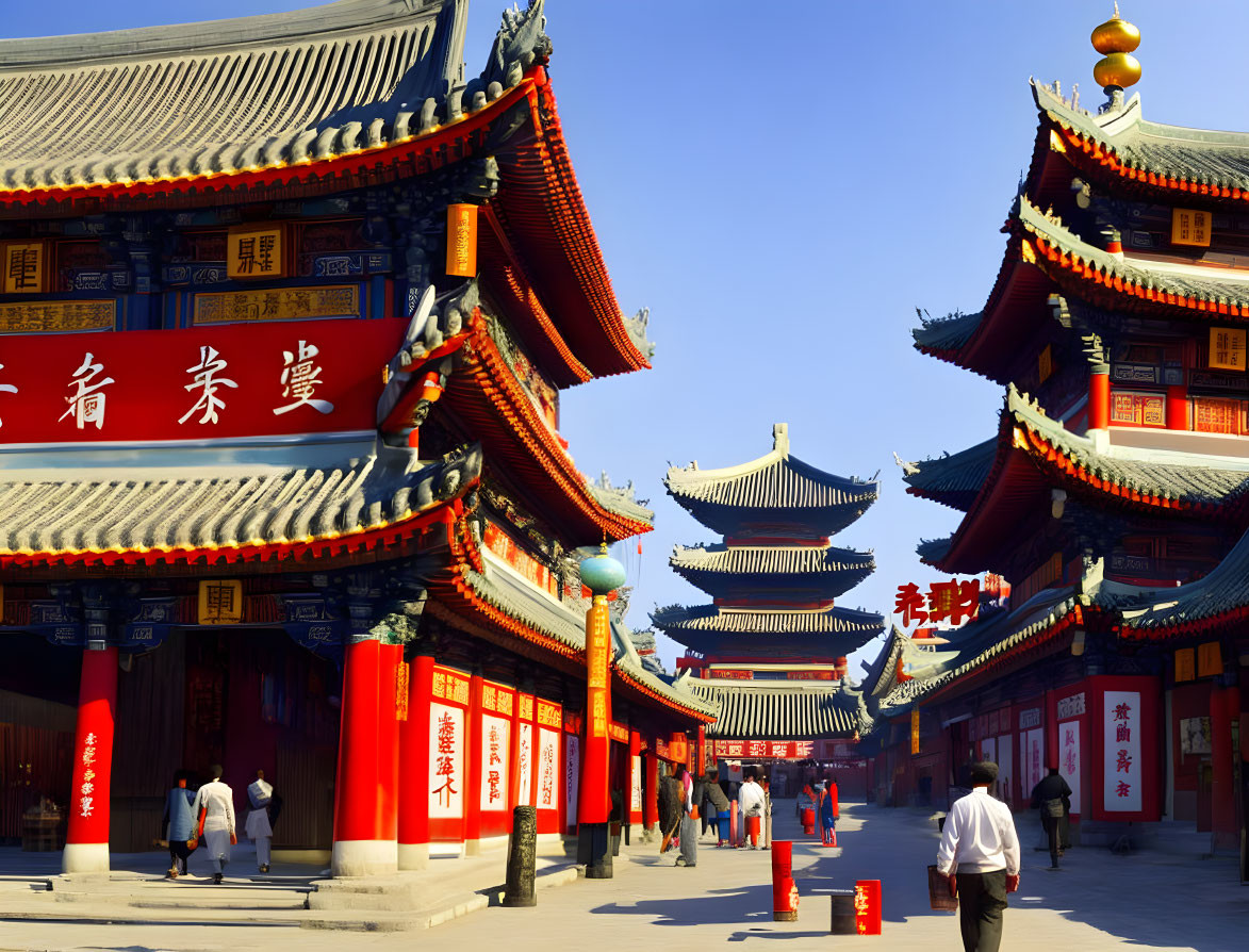 Traditional Chinese architecture with red walls and ornate roofs under blue sky and people in courtyard.