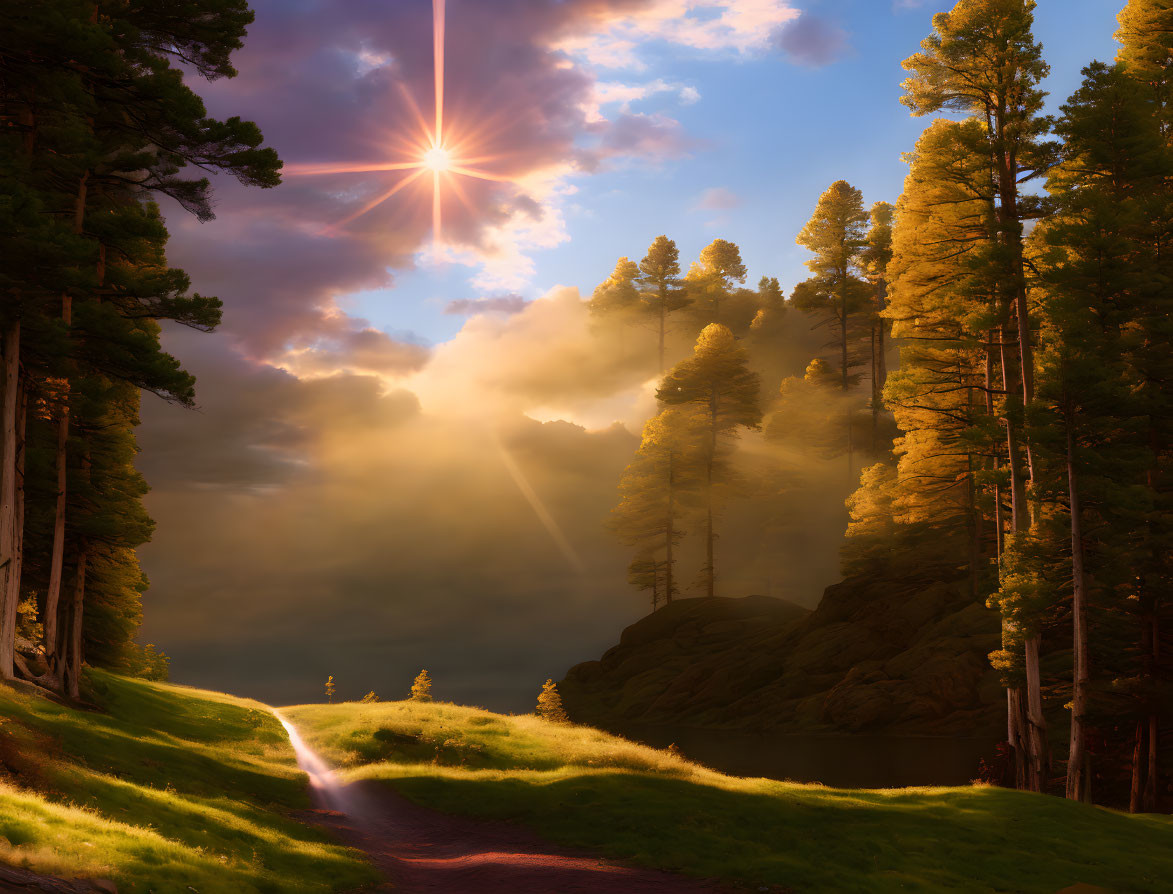 Sunburst over serene forest path by lake with glowing sunlight.