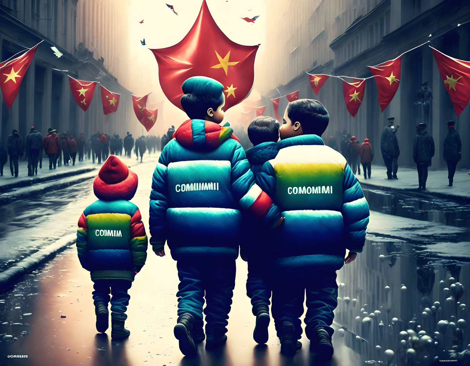 Children in "COMOMIMI" jackets walk past red flags in grayscale cityscape