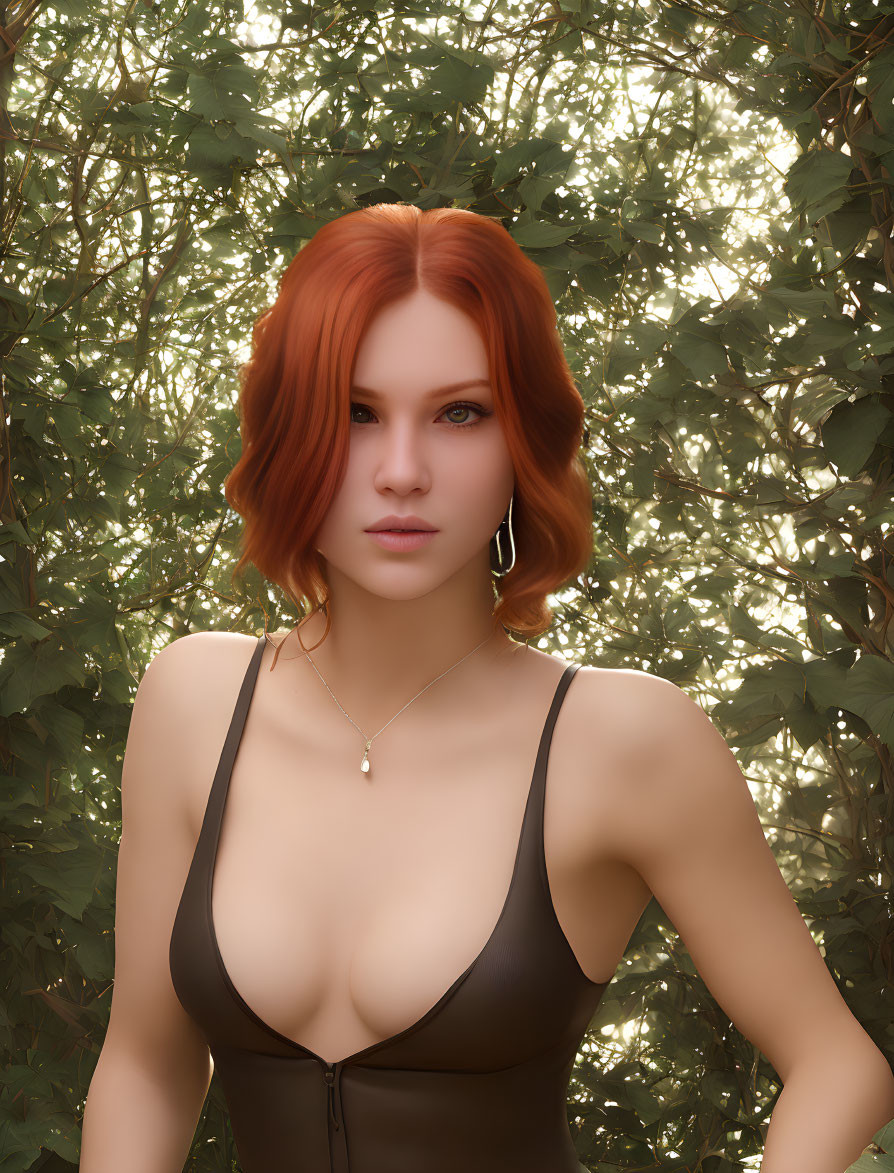Red-haired woman in brown top against leafy green backdrop with pendant necklace.