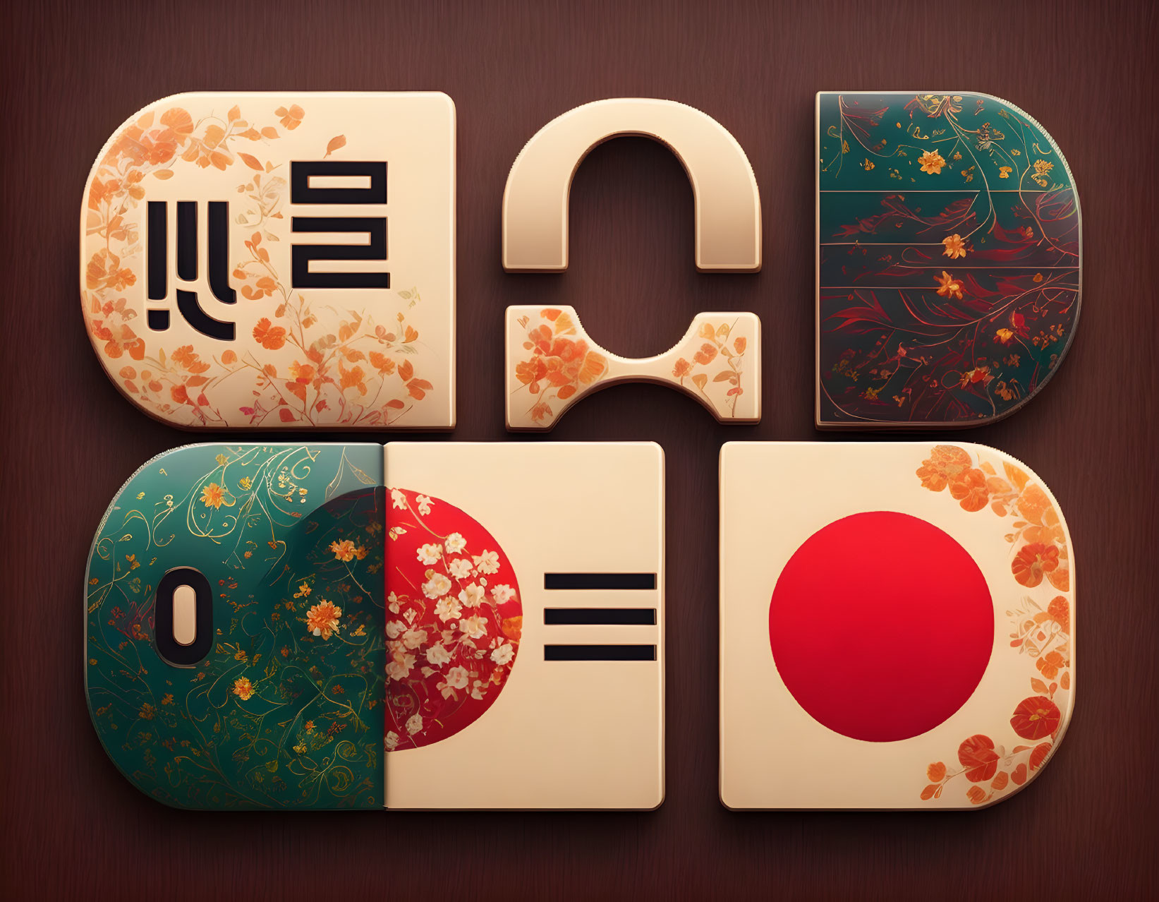Japanese-inspired Puzzle Pieces and Flag on Wooden Background