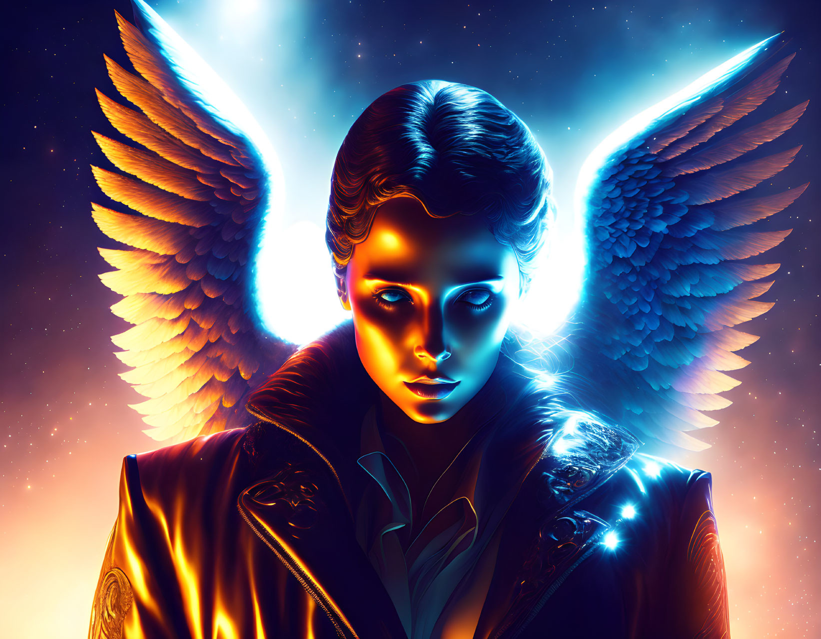 Luminescent angelic figure with glowing eyes and wings in cosmic setting