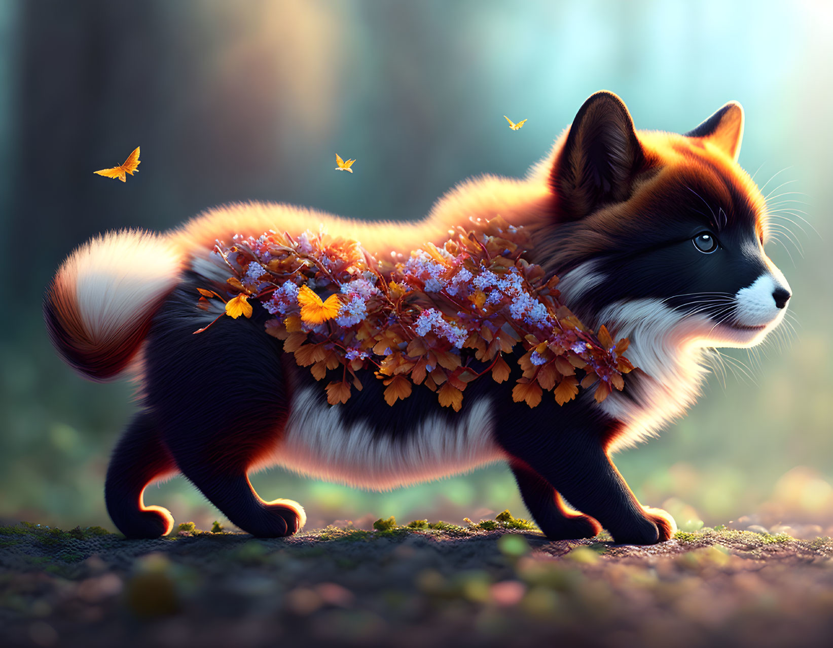 Fox with orange and purple flower design in enchanted forest setting