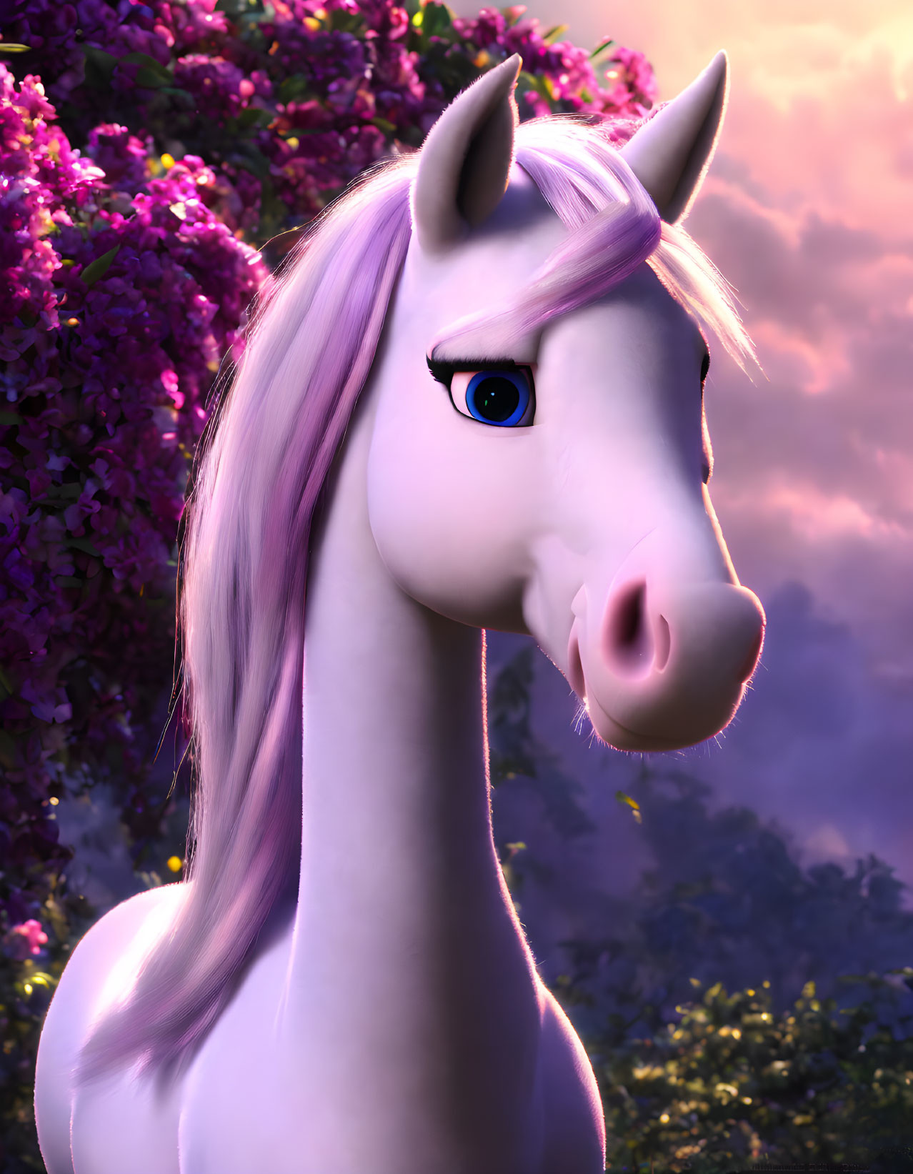Purple-Maned Animated Horse with Horn in Vibrant Floral Setting