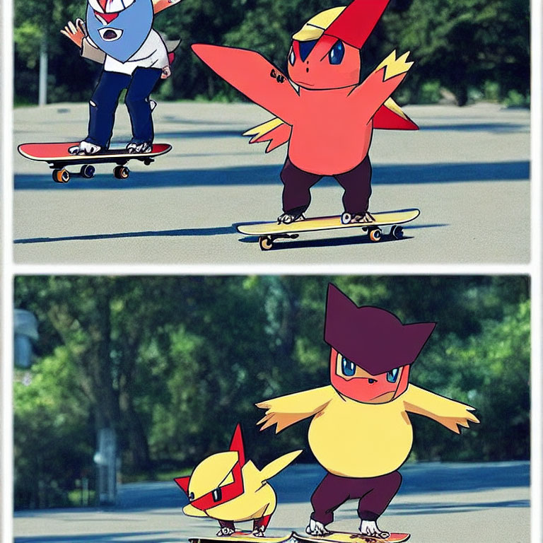 Pokémon characters on skateboards: Angry Pikachu & Normal Pikachu with Pichu
