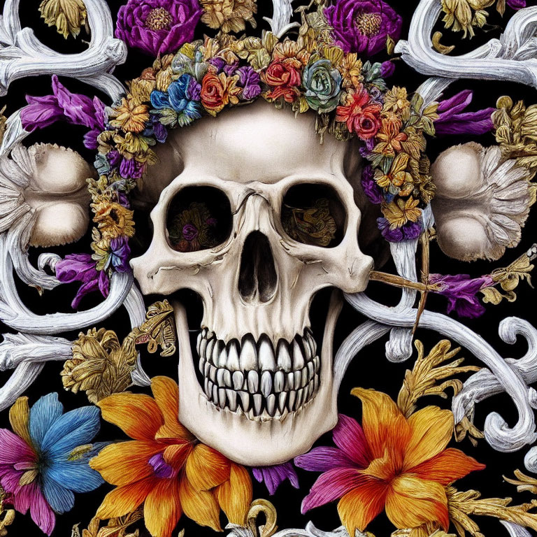 Skull with colorful flower crown and baroque patterns on dark background