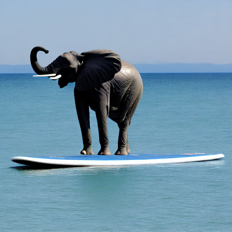 Elephant on Surfboard Floating in Blue Sea