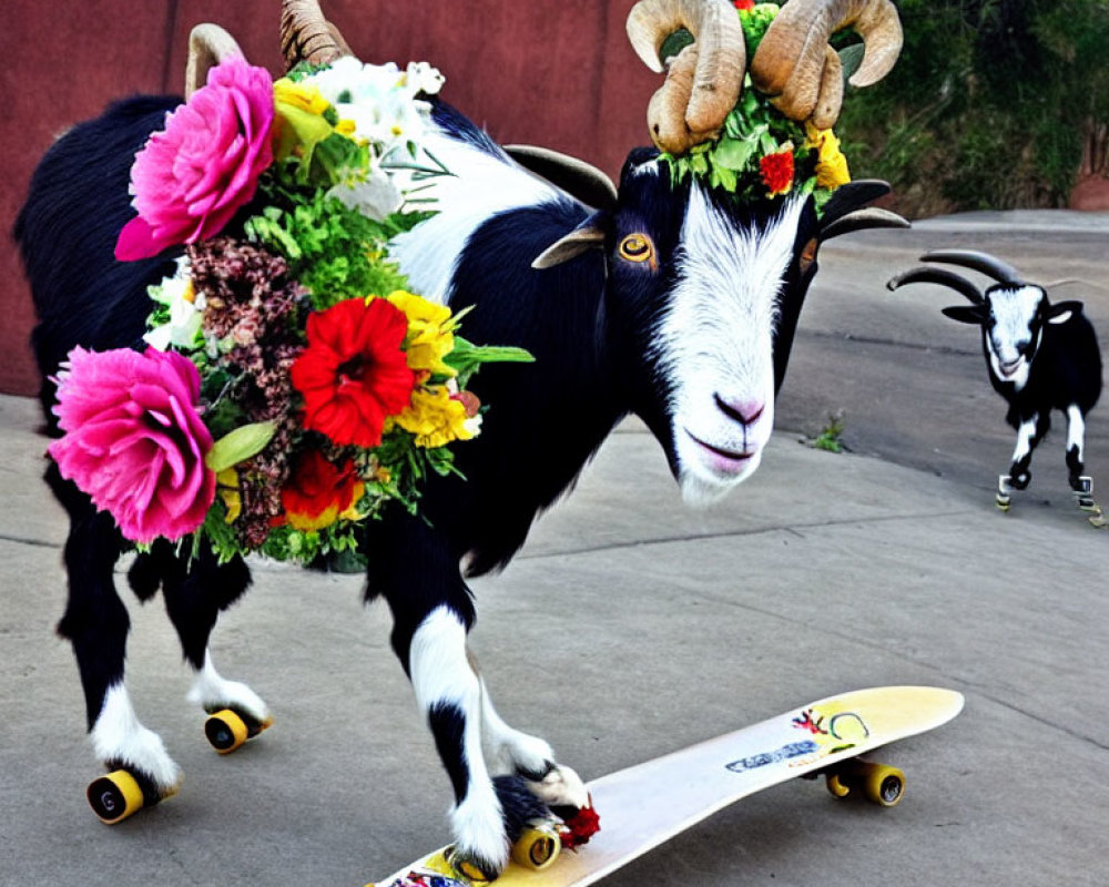 Goat with flowers on back skateboarding, second goat on dirt road