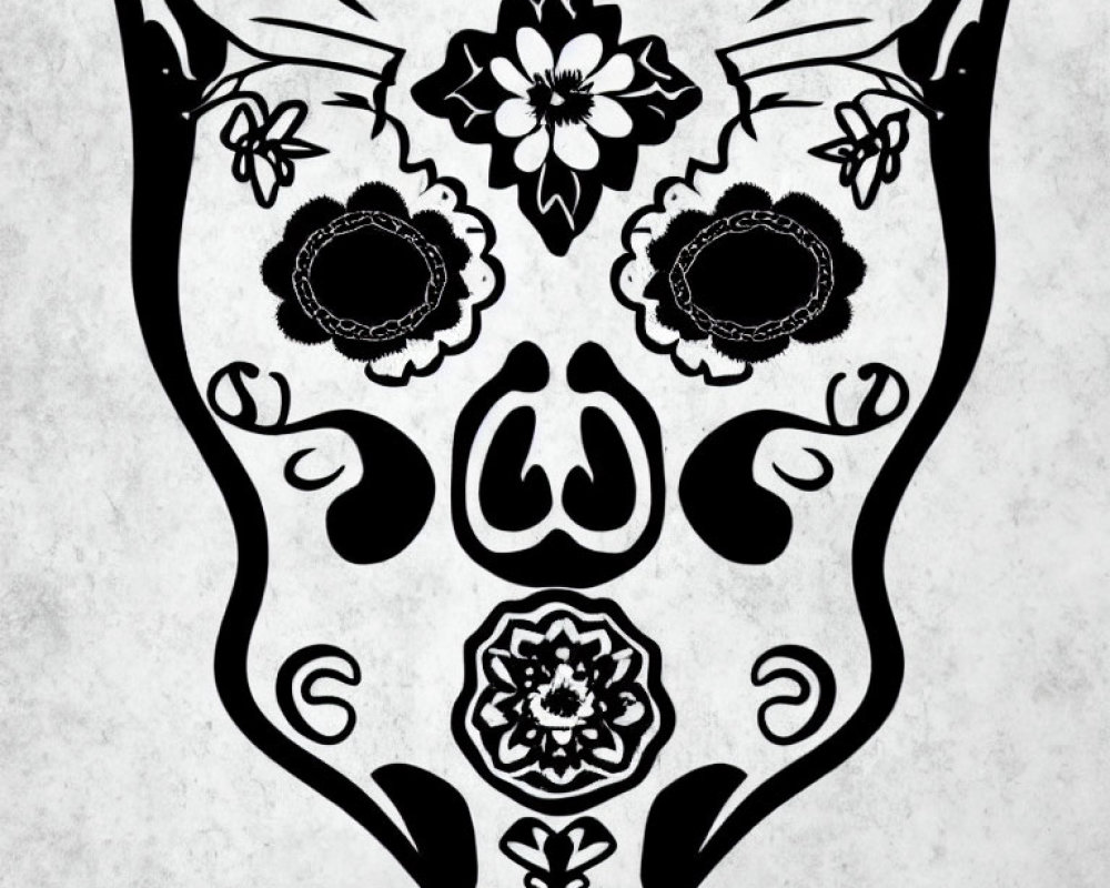 Monochrome Dia de Muertos sugar skull with floral patterns