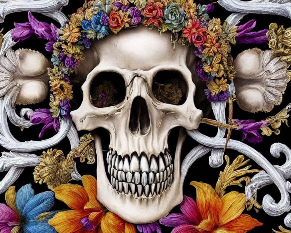 Skull with colorful flower crown and baroque patterns on dark background
