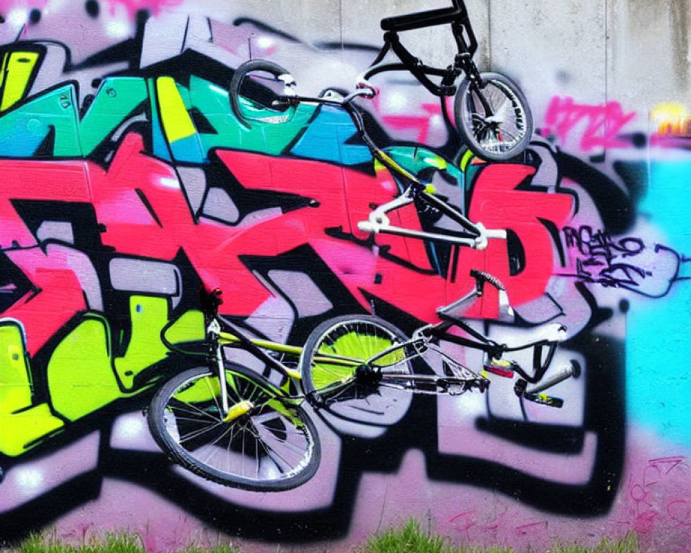 Colorful graffiti art decorates concrete wall next to BMX bike