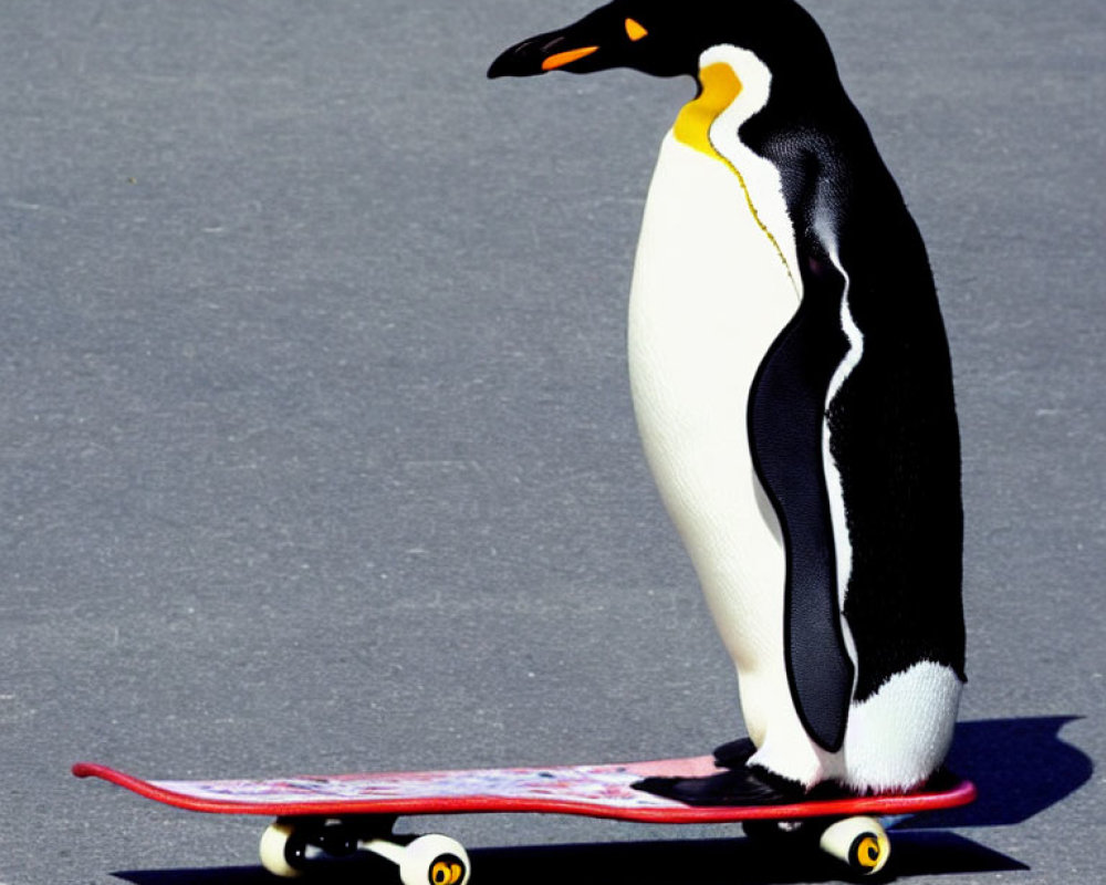 Penguin on Colorful Skateboard on Smooth Surface