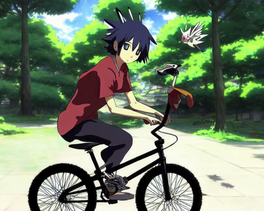 Blue-haired young male rides black bike in sunny park with flying white creature