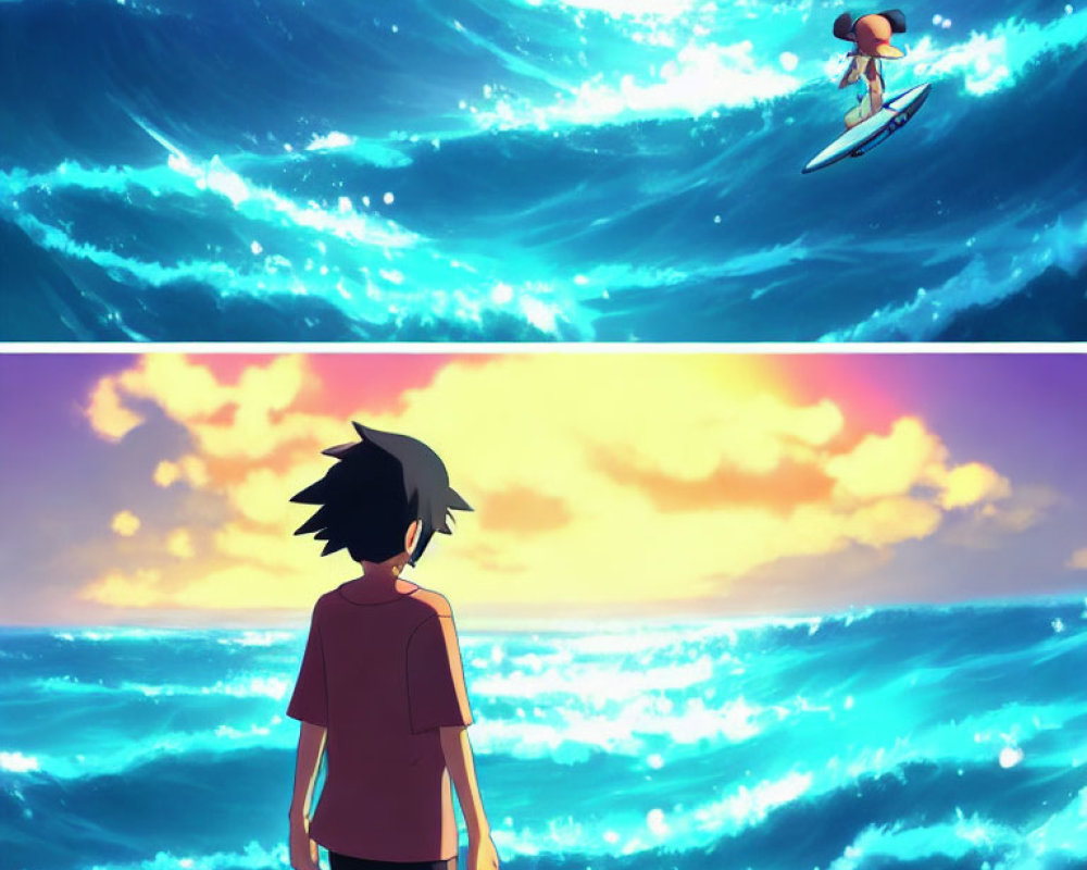 Split-image of character surfing wave and admiring sunset sky