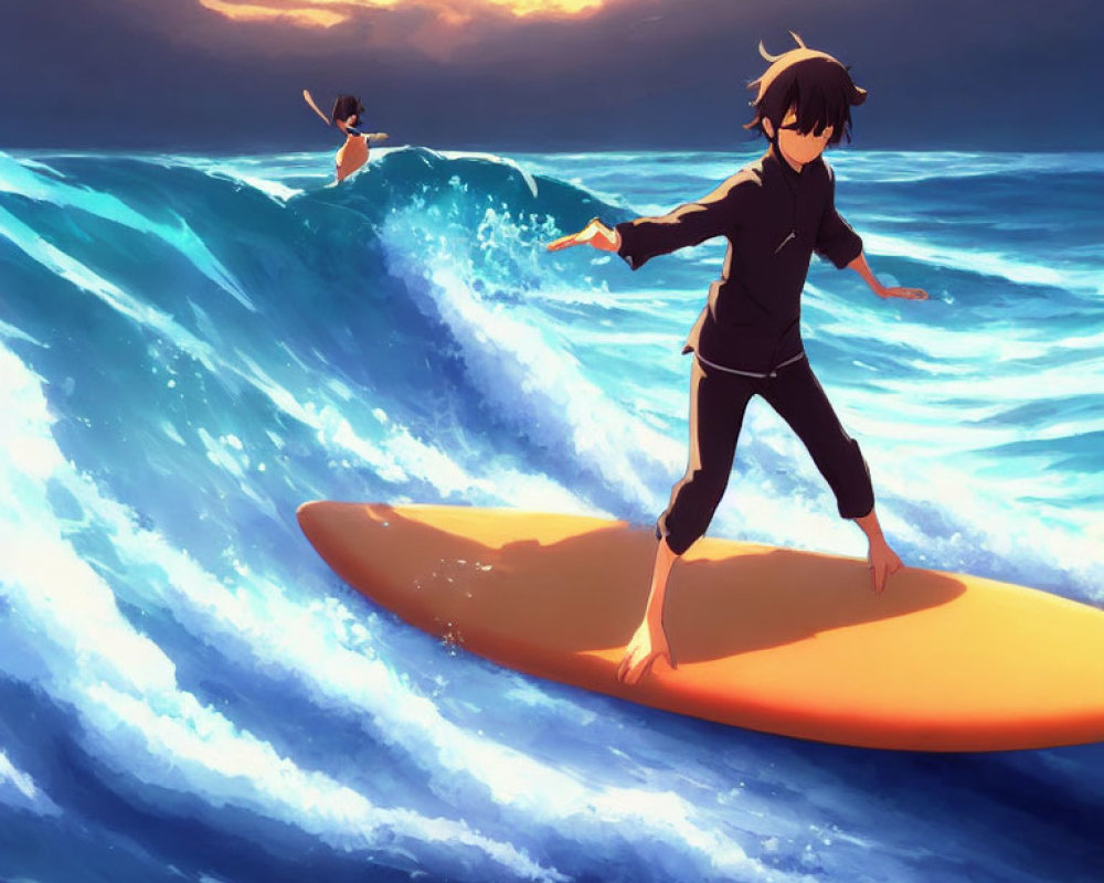 Animated characters surfing on large waves at sunset