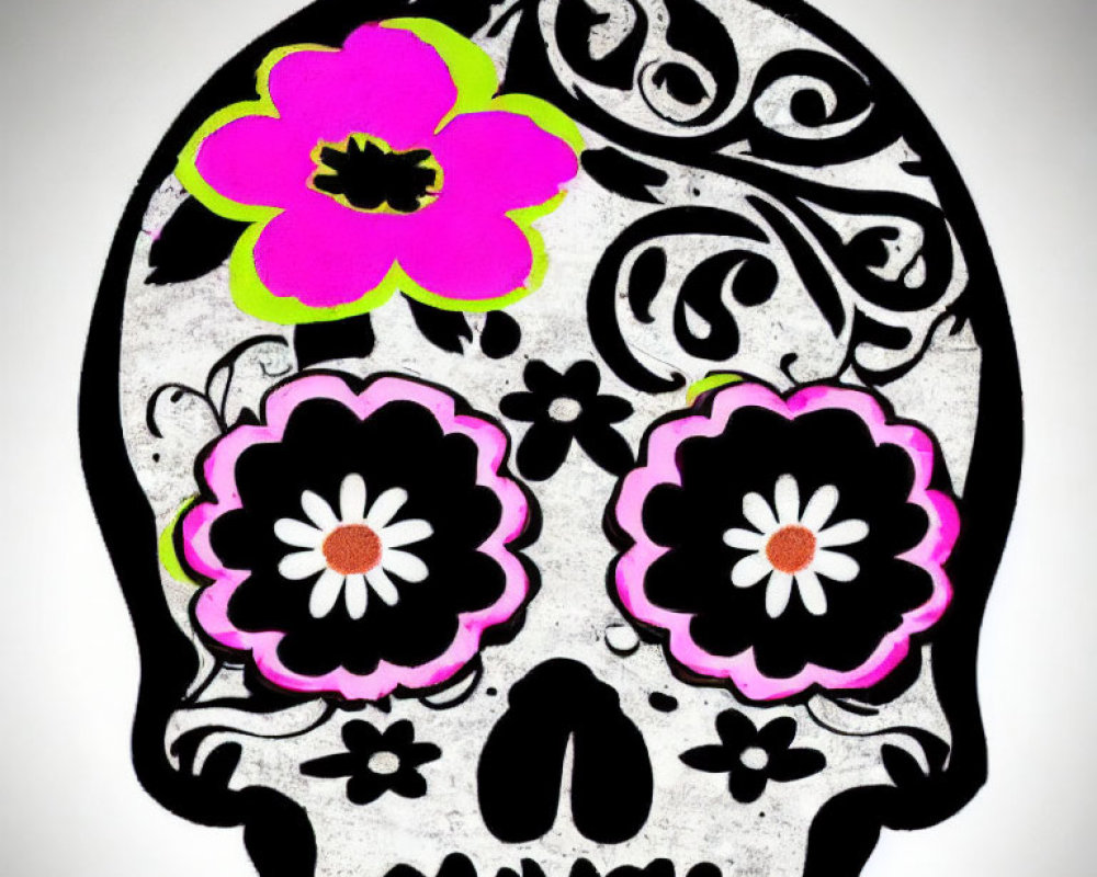 Decorated Skull with Black and White Pattern and Pink Flowers on Gray Background