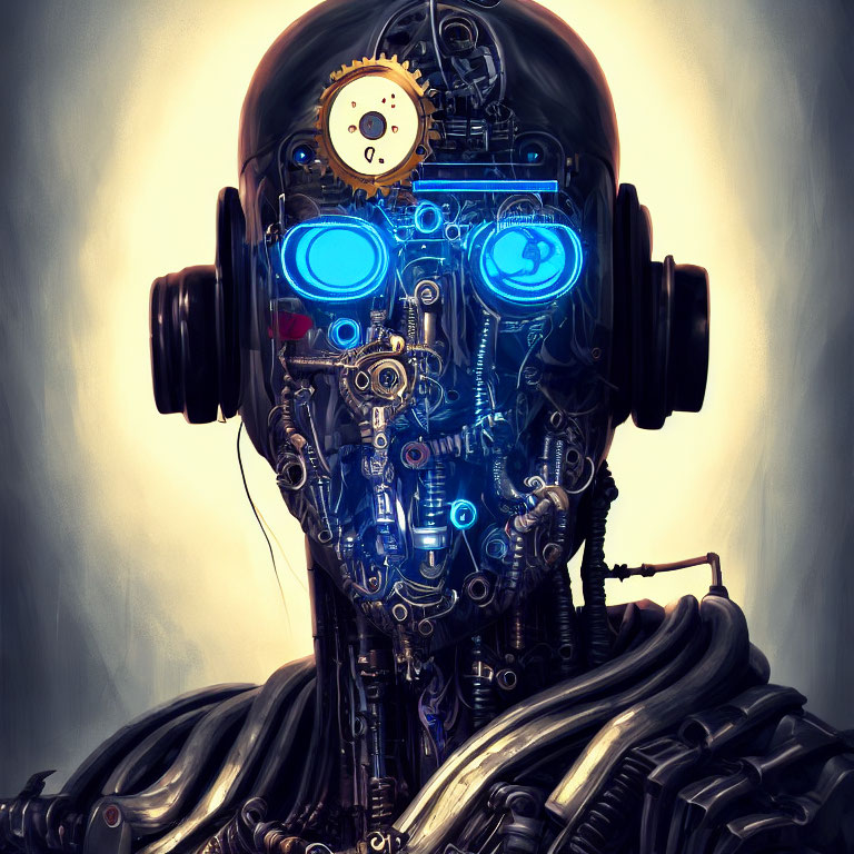Detailed Robot Head Illustration with Internal Mechanisms and Glowing Blue Eyes