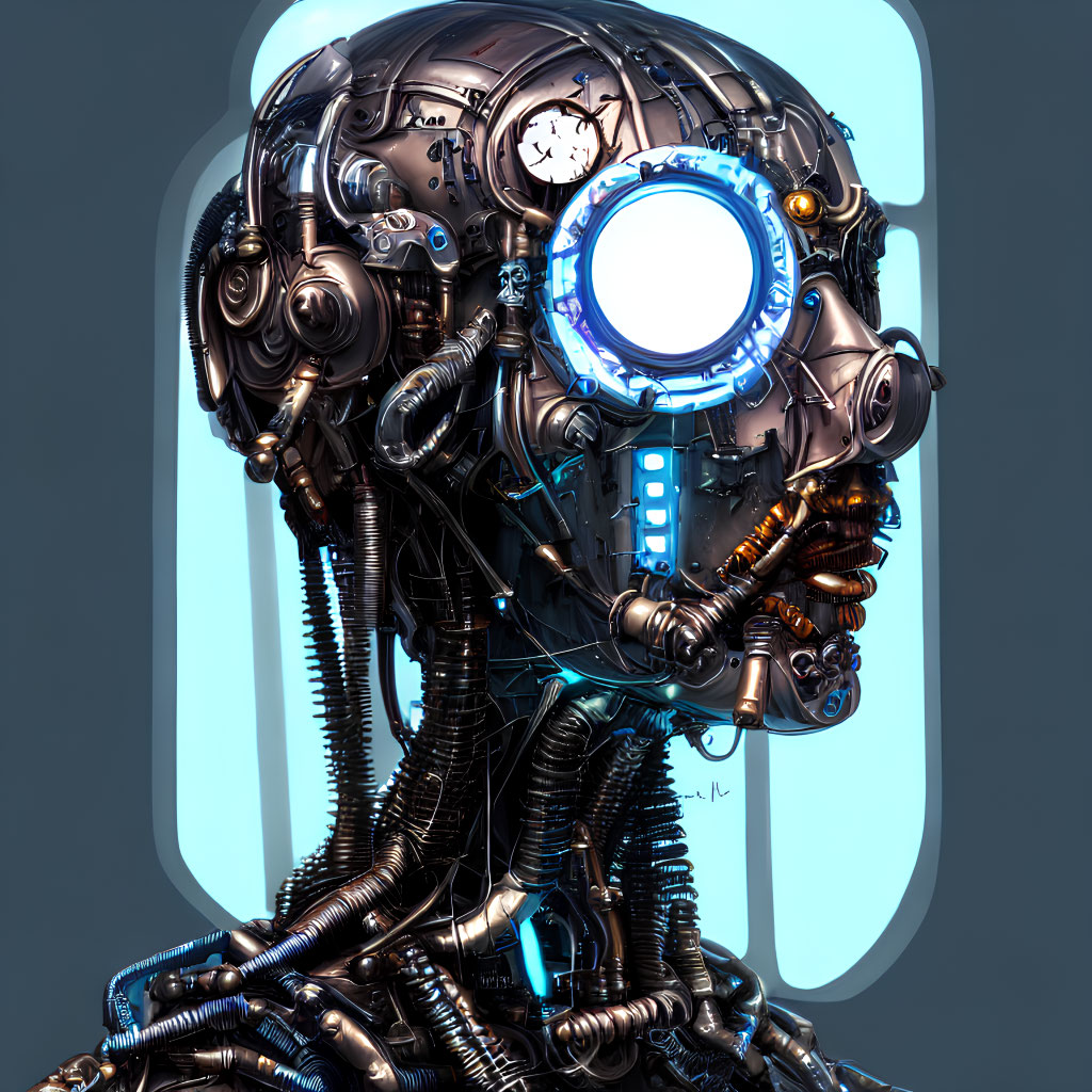 Detailed digital artwork: Robot head with glowing blue elements