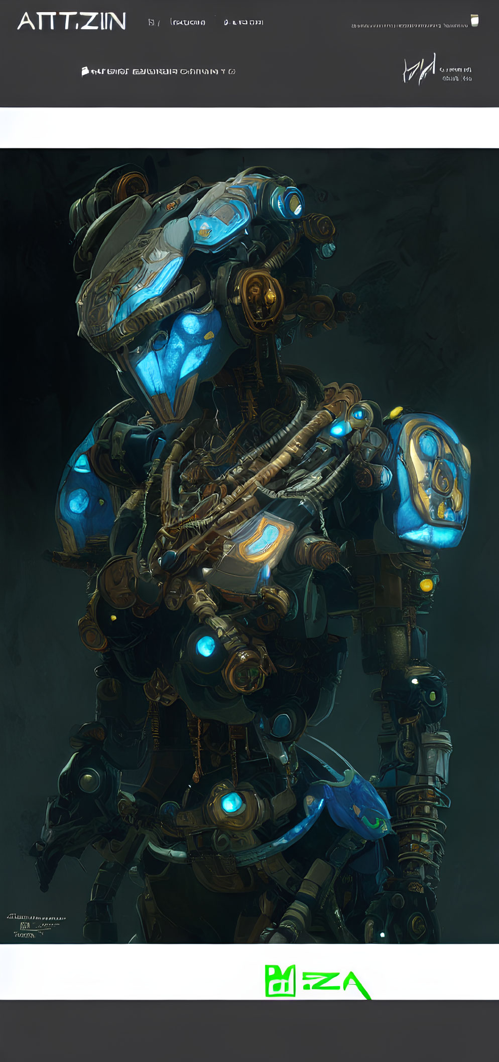 Intricate futuristic robot with glowing blue elements on dark background