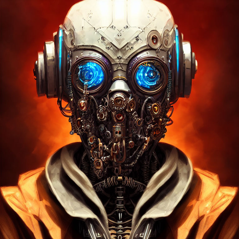 Detailed digital artwork: Robot with glowing blue eyes on fiery red backdrop
