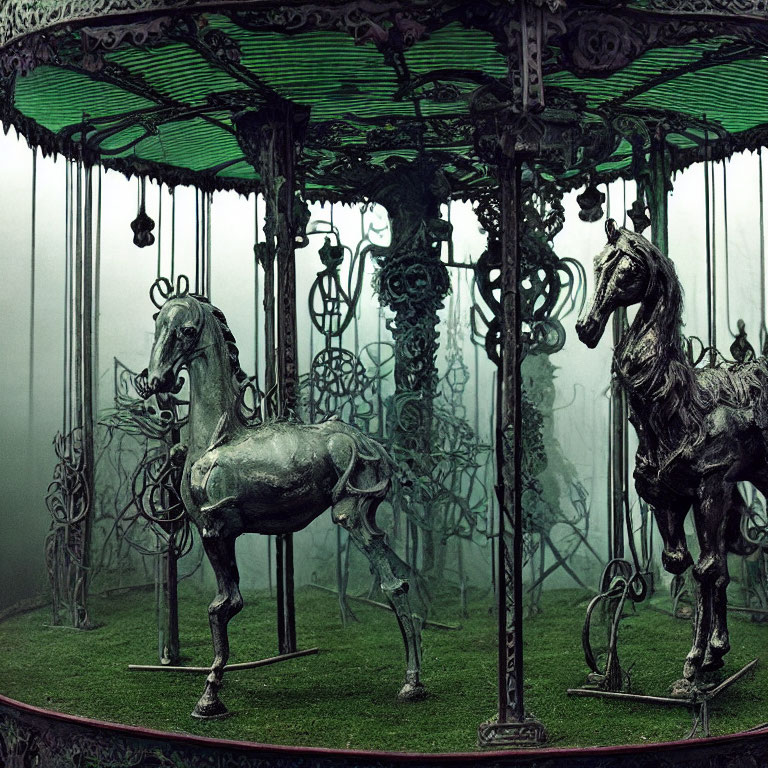 Abandoned carousel with skeletal horses and overgrown metallic designs