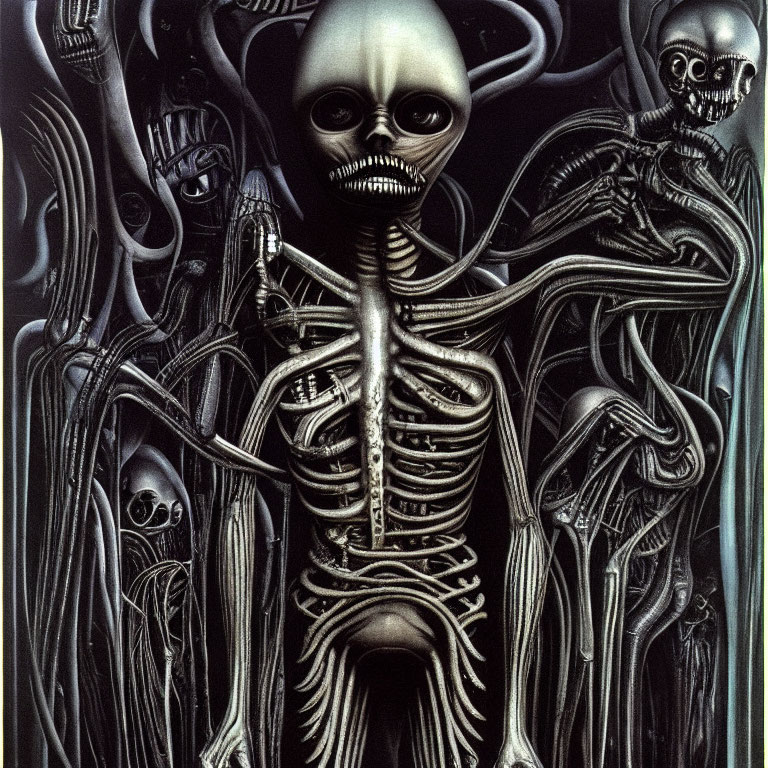 Surreal artwork featuring skeletal figures and alien-like creature