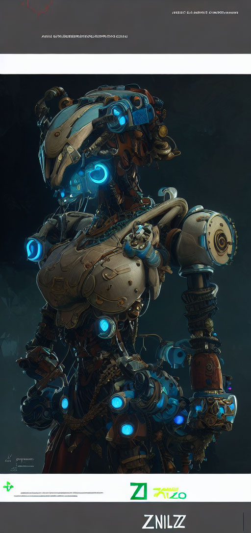 Tall humanoid robot with rusted body and blue lights