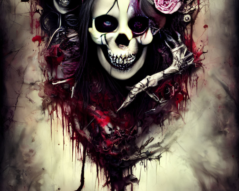 Macabre portrait with skull-faced figure, roses, and smaller skulls