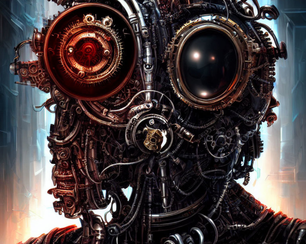 Detailed robotic head with gears, tubes, and mechanical parts.