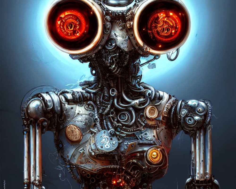 Detailed Illustration: Robot with Glowing Orange Eyes and Mechanical Parts