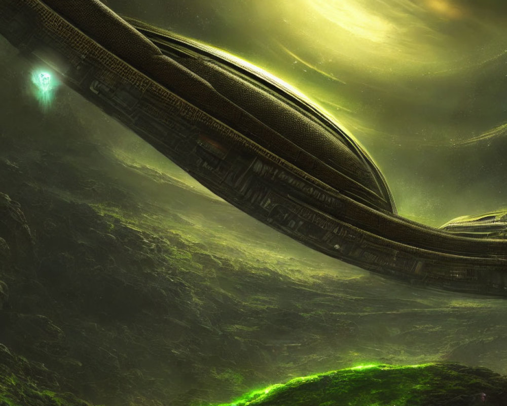 Futuristic structure on alien landscape under golden nebula sky