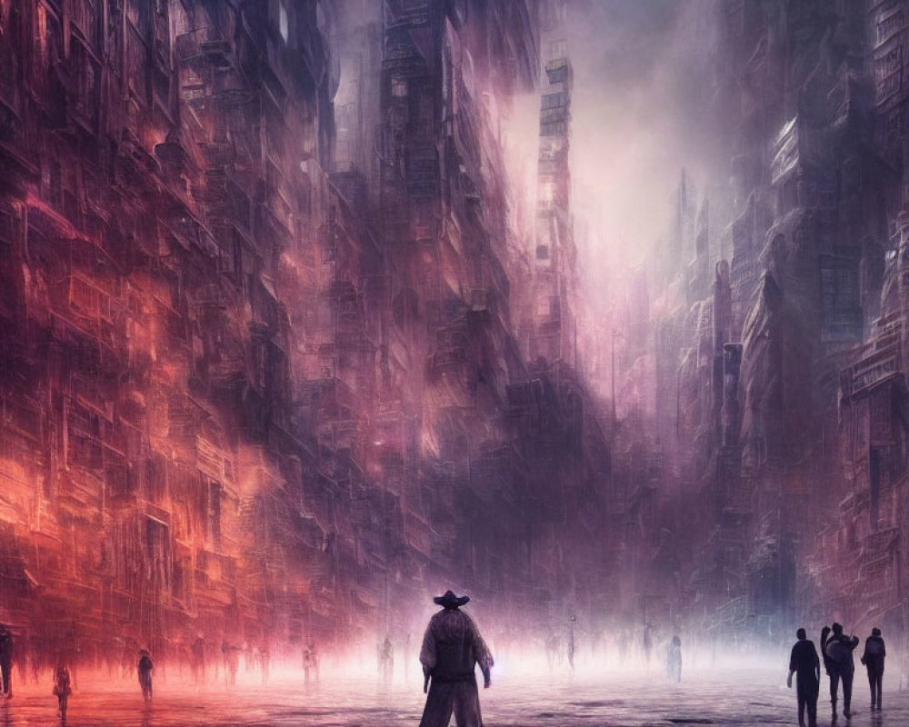 Silhouetted figure in hat in foggy cityscape with towering buildings and wandering people