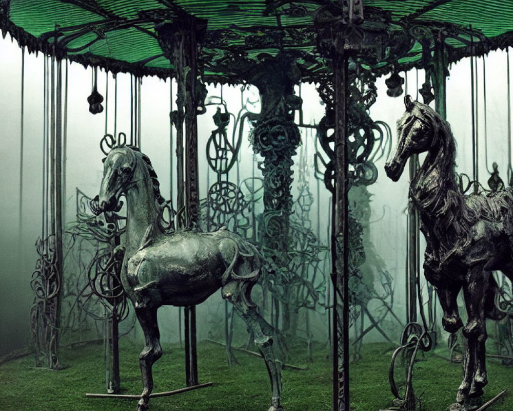 Abandoned carousel with skeletal horses and overgrown metallic designs