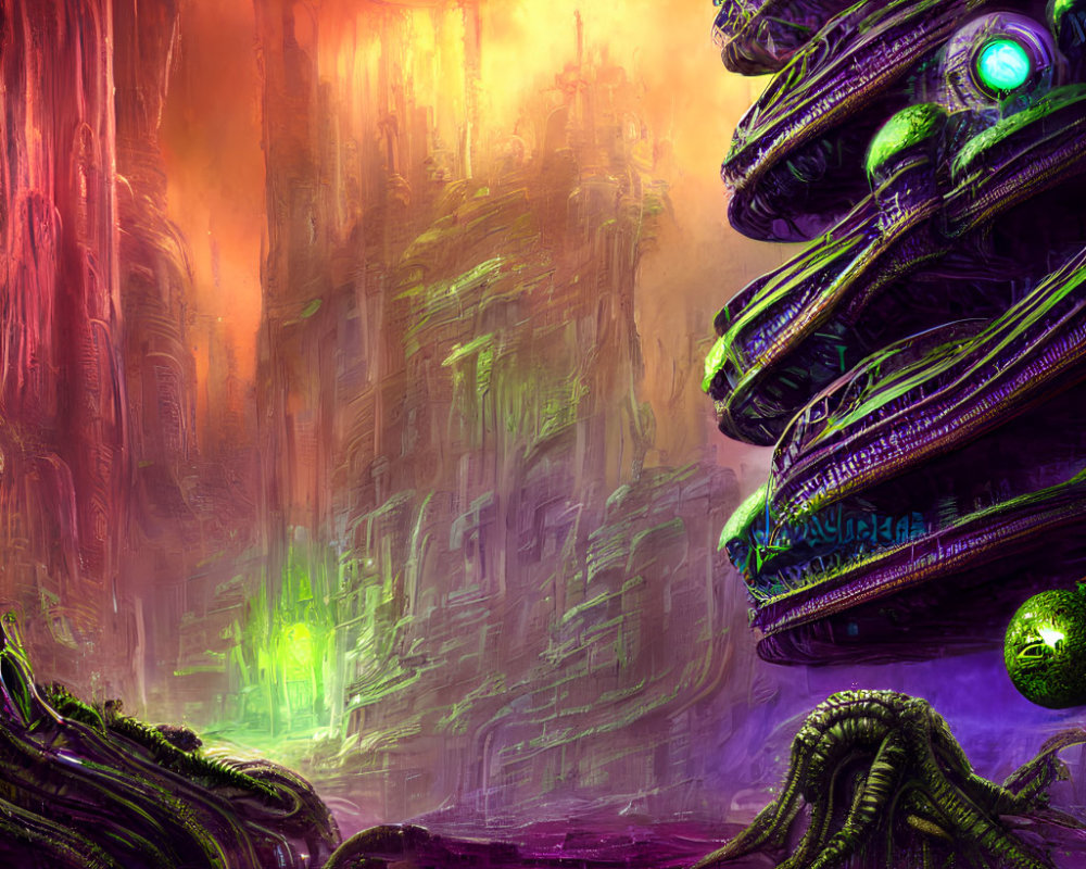 Alien sci-fi landscape with towering structures and glowing lights