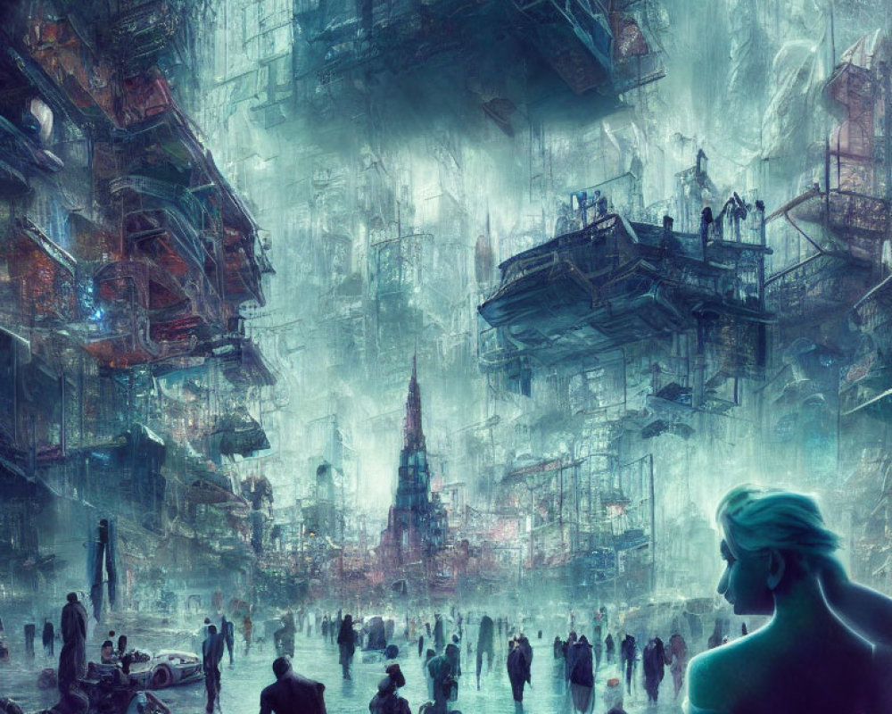 Futuristic cityscape with towering structures and silhouetted figures in dense fog.