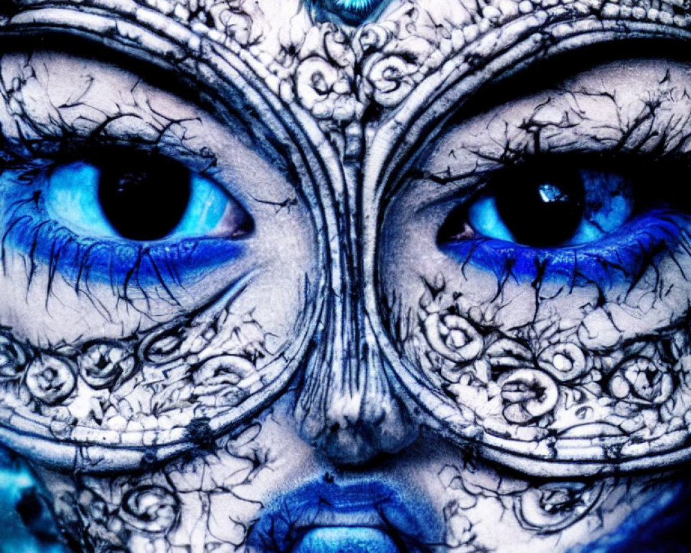 Detailed Blue and White Lace Face Paint Close-Up