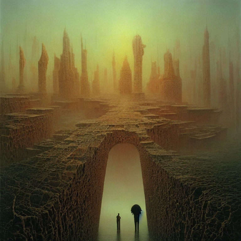 Surreal cracked ground landscape with towering spires and silhouetted figures under greenish haze