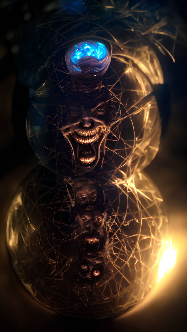 Three glowing, distorted faces with a blue orb stacked vertically