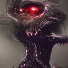 Alien creature with domed head, elongated limbs, and sharp teeth on misty background