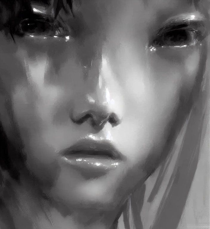 Detailed Monochrome Digital Portrait of Person with Moist Eyes