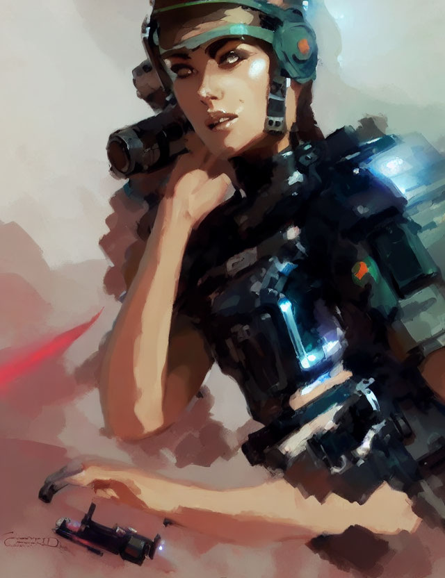 Female Futuristic Soldier in High-Tech Armor and Helmet: Digital Painting
