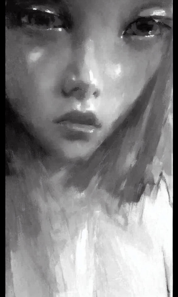 Monochromatic digital portrait with expressive brushstrokes and contemplative eyes