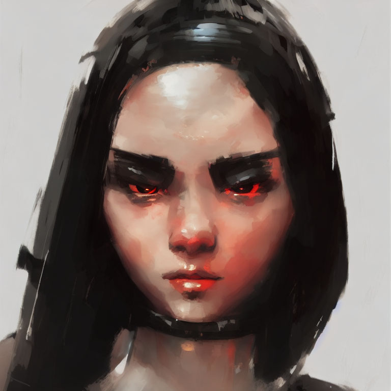 Portrait of a person with glowing red eyes and intense expression